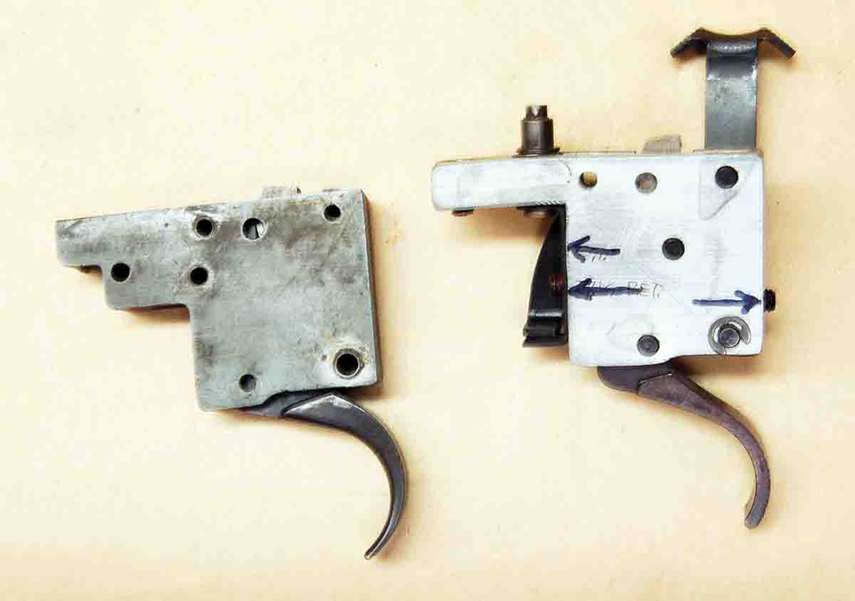 The Model 541-T trigger (right) has screw adjustments that are shown by the arrows. Models 580, 581 and 582 triggers (left) have none. I will correct this where needed.
